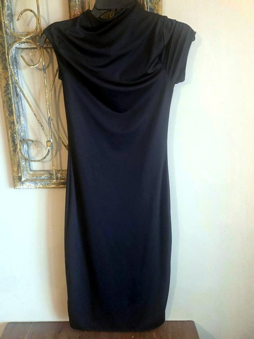 Gaze Black Cowl Neck Midi Dress Cap Sleeve Bodycon Size S - Picture 3 of 3